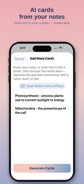 DecoEcho generating flashcards from pasted notes with on-device AI