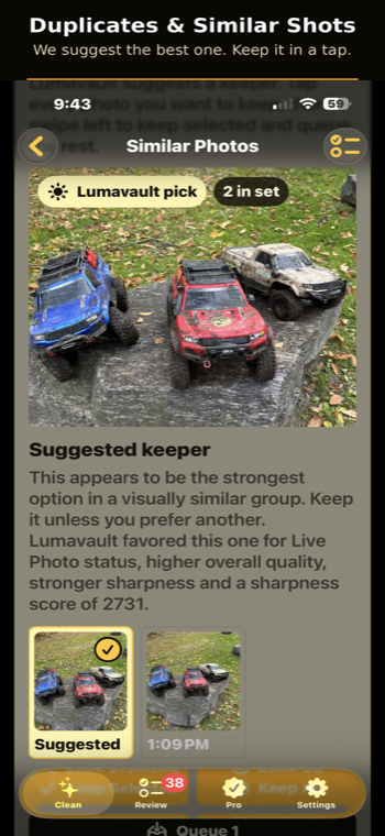 Lumavault grouping similar photos and recommending the best shot