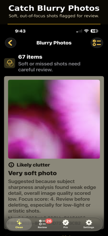 Lumavault blurry photo detection with adjustable sensitivity